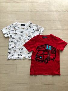 男児100cm【LITTLE BEAR CLUB】綿100%半袖Tシャツ２枚セット◇白＆赤◇恐竜＆車