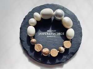 ^MARUCO^BL400-849 Picture jasper &VINTAGE White 17.* natural stone bracele [ free shipping ]