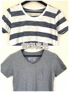 無印良品/レディース半袖Tシャツ2枚セット/Mサイズ/青ボーダー、グレー