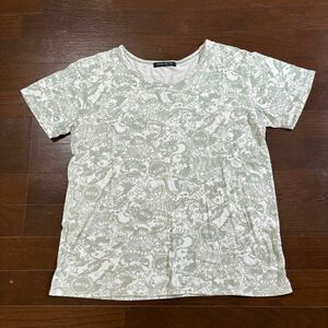 WORLD WIDE LOVE！ ワールドワイドラブ／レディース　半袖　Tシャツ　カットソー　スカルプ柄　春夏　若草色　Mサイズ