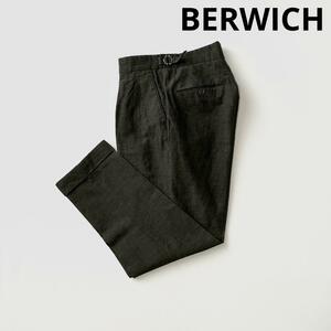 BERWICH ベルウィッチ SCOTCH スコッチ リネン ウール 2プリーツ パンツ 44 グリーン 緑 サイドアジャスター スラックス 麻 毛 国内正規