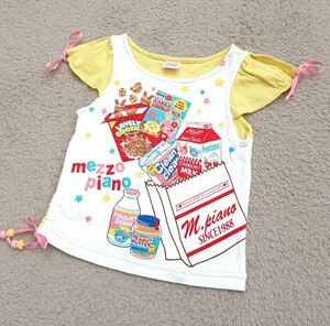 【美品　１００】メゾピアノ　Mezzopiano　Tシャツ　カットソー　お菓子　ミミポポ　プリント リボン 子供平成レトロ　送料無料　みみぽぽ