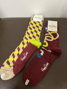 新品 Happy Socks 柄 ソックス 2足セット / ハッピーソックス 靴下 エンジ 2種