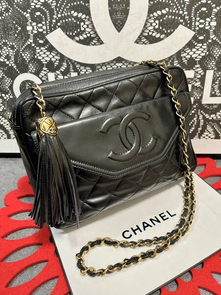 ◆◇ 極上美品 シャネル CHANEL ヴィンテージ マトラッセ チェーンショルダー フリンジ ブラック × ゴールド シールあり 644 ◇◆ 