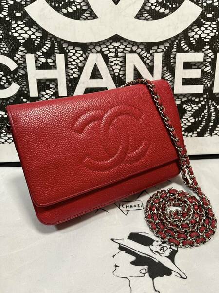 ◆◇ 極上美品 CHANEL ★ シャネル チェーンウォレット キャビアスキン レッド シルバー マトラッセ シール 657 ◇◆