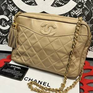 ◆◇ 極上美品 シャネル CHANEL ヴィンテージ マトラッセ チェーンショルダー フリンジ ベージュ × ゴールド シールあり 676 ◇◆ 