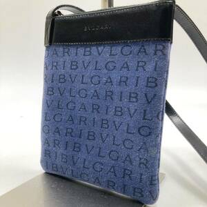 美品 ●BVlGARI/ブルガリ サコッシュ ミニショルダーバッグ ポシェット ロゴマニア レザー 本革 デニム 斜めがけ クロスボディ レディース