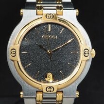 GUCCI グッチ 9000M QZ SS/GP コンビ デイト グレーダイアル SWISS MADE 純正ブレス メンズ 腕時計「24022」_画像2