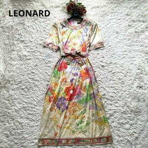 レオナール LEONARD　ベルト付きワンピース L コットン 半袖 ホワイト 花柄　トリム