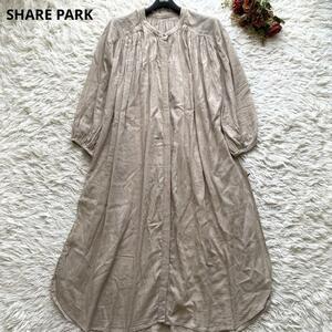 シェアパーク　share park ロングワンピース　ベージュ　七分袖　金ボタン　インド綿　サイドスリット