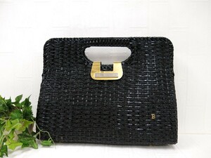 BALLY バリー◆ラタン 天然素材◆ハンド バッグ◆ブラック ゴールド金具◆超美品◆Bロゴ金具◆ヴィンテージ◆B5サイズ収納可◆N8029