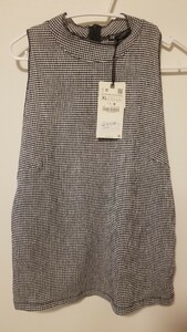 ZARA トップス XL size 白黒チェック　ノースリーブ　ストレッチ　ぴったり横に伸びる素材