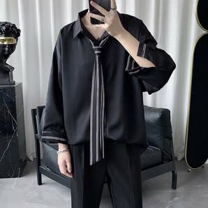 ネクタイ付き シャツ ブラック ストライプ ネクタイ シャツ トップス メンズ モード 韓国 秋服 000760XLの画像1