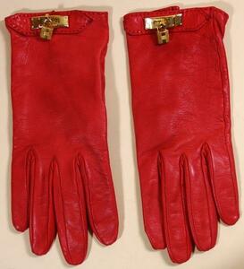 HERMES, gloves, red, leather, used 