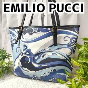 極希少 エミリオプッチ トートバッグ 総柄 ブルー EMILIO PUCCI バッグ 青 バンダナ柄 レディース 女性 ワンショルダー 2wayバッグ