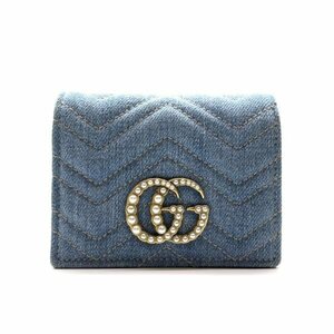 GUCCI グッチ 466492 GGマーモント コンパクトウォレット 財布 デニム 二つ折り パール キルティング レディース 管理RY24001785