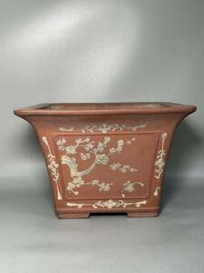 盆栽鉢 中国美術 清時代 鉢 梅蘭花図 鉢 サイズ約32.9×33.2×h21.9cm 常滑 朱泥 盆栽 紫砂 植木鉢 中国 盆器 中国古鉢 器 花器