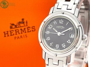 2405604311　＃ 1円～！ HERMES エルメス クリッパー CL4.210 クォーツ デイト アナログ 腕時計 黒文字盤 ブラック 純正ベルト ケース付