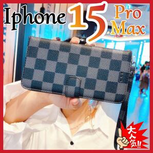 Iphone15ProMax ケース　手帳型　黒色　チェック柄 PUレザー　高級感　大人気　アイホン15プロマックスカバー　ブラック