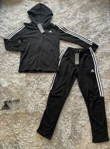 定価9878円★アディダス adidas 160 ジャージ 上下セット セットアップ 黒 パーカー 上下 スウェット★150 140 トレーニング フード付き