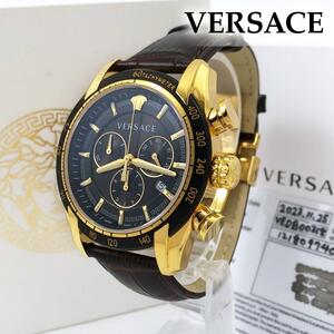 ★美品★ヴェルサーチ 腕時計 クロノグラフ V-RAY VEDB00318 ロゴ VERSACE メデューサロゴ Vレイ クロコ型押し スイス製 黒 ブラック 金