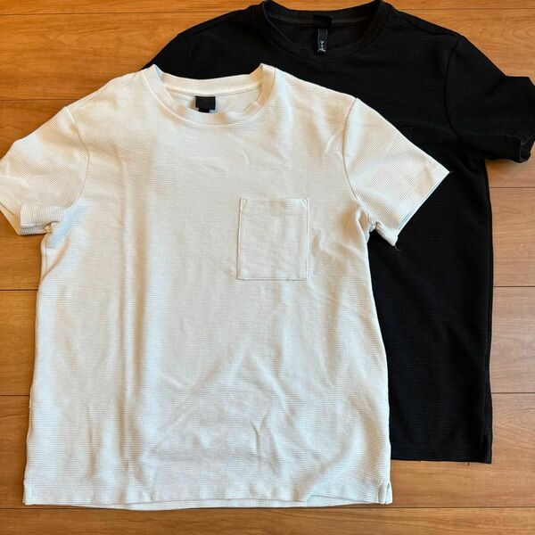 【H&M エイチアンドエム】バーズアイ 半袖ポケットTシャツ 白 黒 M 2枚