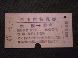 国鉄　水俣駅発行 なは号・有明1.2.3号 自由席特急券