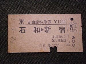 JR東日本　石和駅発行 自由席特急券 石和から新宿ゆき