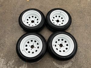 ほぼ新品 鉄チン 深リム 15x8J-38 4H114.3 4本 PARTS PARK 195/55R15 SAILUN 4穴 旧車 シルビア 軽トラ等