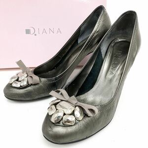 DIANA ダイアナ エタン ハクススムース ストーン リボン 24.5cm ヒール パンプス 靴 箱付き alp色