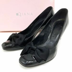 DIANA ダイアナ 黒 エナメル リボン 24 1/2 ヒール パンプス 靴 箱付き alp色
