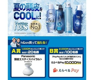 レシート懸賞 応募 P&G　h&sを買って当たる！ えらべるPay10,000円分 パナソニック 頭皮エステ＜スパイラル＞ 当たる