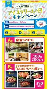 レシート懸賞応募／宿泊ペアギフトが100組200名様に当たる！イオンアイスクリームの日キャンペーン！応募　