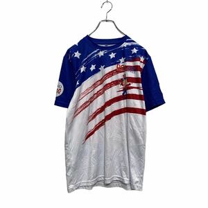 半袖 プリントTシャツ S ブルー レッド ホワイト 星条旗柄 ランニングシリーズ2017 クルーネック 古着卸 アメリカ仕入 a605-6609