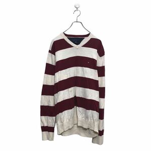 TOMMY HILFIGER コットン ニット セーター トミーヒルフィガー L ホワイト レッド ボーダー Vネック 古着卸 アメリカ仕入 a605-8335