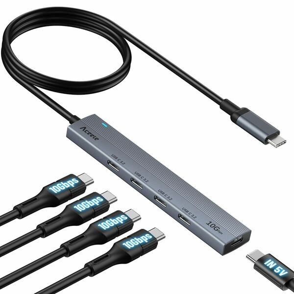 【送料無料】Aceele USB Cハブ 10Gbps 4ポート拡張 USB 3.2 Gen 2 ハブ60cmケーブル付き Type-c電源ポート付き変換アダプタ(A152)