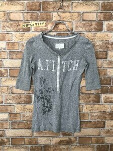 A＆F Abercrombie&Fitch アバクロ レディース ロゴ かすれプリント 五分袖Tシャツ S グレー ヘンリーネック 綿