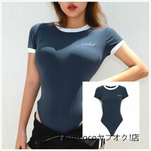 新入荷 高品質. 半袖ボディスーツ.Tシャツ.Lサイズ.ブルー.タイツ.ハイレグレオタード.クロッチボタン.コスチューム_画像6