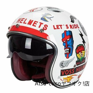 バイザー付バイク 内蔵サングラス ジェットヘルメット ビンテージ ハーレー 半キャップ M -XXLサイズ 8色白い