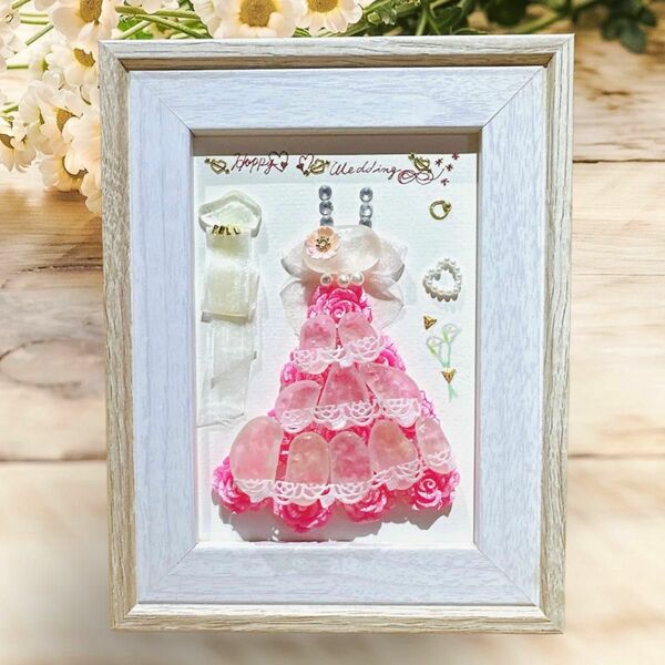シーグラスアート　【ピンクのバラのドレス】 シーグラス　置物　プチギフト　贈り物　バラ　リボン　
