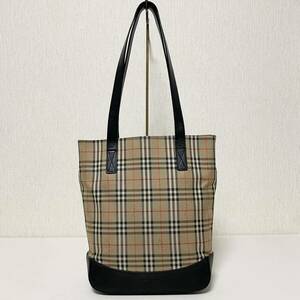 即決☆BURBERRY バーバリー 肩掛け トートバッグ ノバチェック シャドーホース レザー 美品 ブラック×ブラウン バッグ 