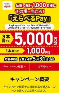 【3口】送料０円～ 懸賞応募★ えらべるPay,1000円 5000円分が当たる★WEB応募　送料無料～　pay pay ダイドー応募シール