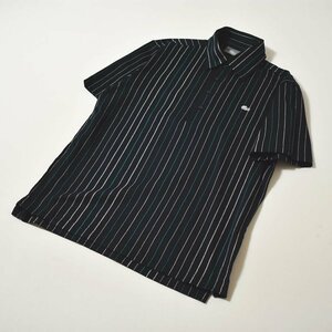 ★ロゴ入り！ ラコステ LACOSTE 半袖 ポロシャツ 3 ストライプ柄ネイビーxグリーン 古着 ワニロゴ メンズ 男性用★