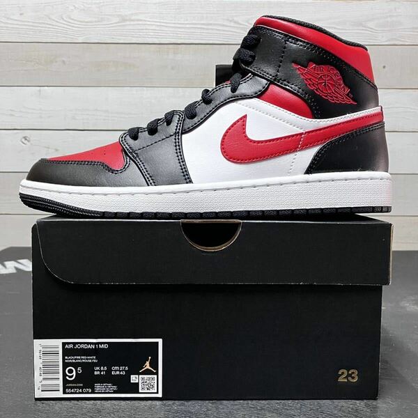 27.5cm NIKE AIR JORDAN 1 MID 554724-079 ナイキ エア ジョーダン ワン ミッド BRED TOE ブラック ジムレッド ホワイト