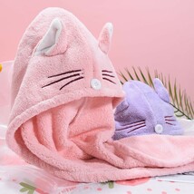 ヘアタオル 猫 ピンク 速乾 ネコ ヘアキャップ 髪 包み 巻き 上部 固定 お手入れ 手洗い 天日干し 一般的 タオル パサつく 扱いやすい_画像2