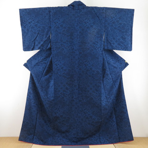 小紋 紬 藍染 花唐草文様 正絹 紺色 袷 広衿 カジュアル 仕立て上がり着物 身丈162cm