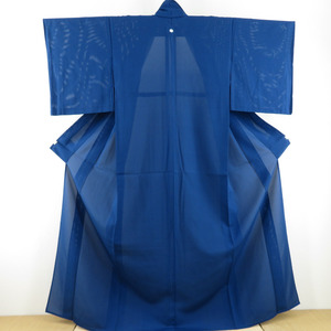 夏着物 色無地 単衣 絽 広衿 正絹 青色 一つ紋 五三桐紋 夏用 仕立て上がり 身丈162cm