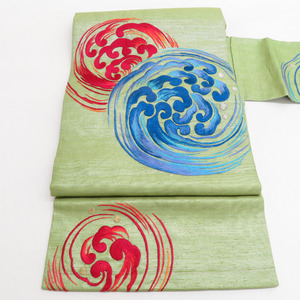 名古屋帯 アンティーク 日本刺繍 波に丸柄 絹 九寸なごや帯 緑色 銀糸 仕立て上がり レトロ着物 長さ368cm