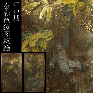 【LIG】江戸期 金彩色 猿図板絵 一対 177㎝ 古美術品 寺院引取品 [.YQ]24.4