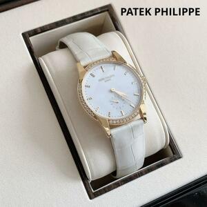  Patek Philip PATEK PHILIPPE Calatrava time less white wristwatch lady's beautiful goods hand winding clock diamond Gold box written guarantee 